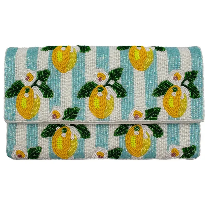 Lemon Blue Stripe Beaded Clutch 