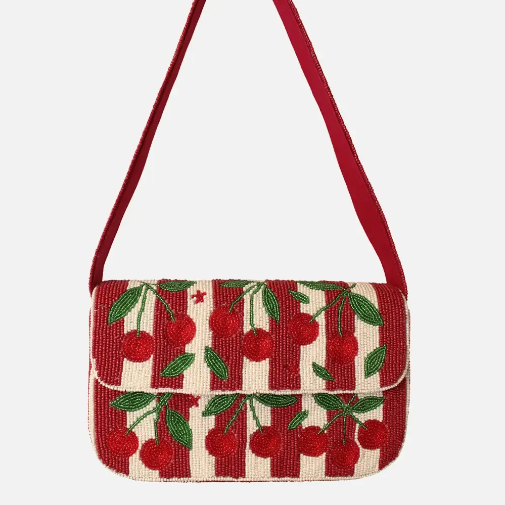 Cherries Stripes Beaded Shoulder Bag