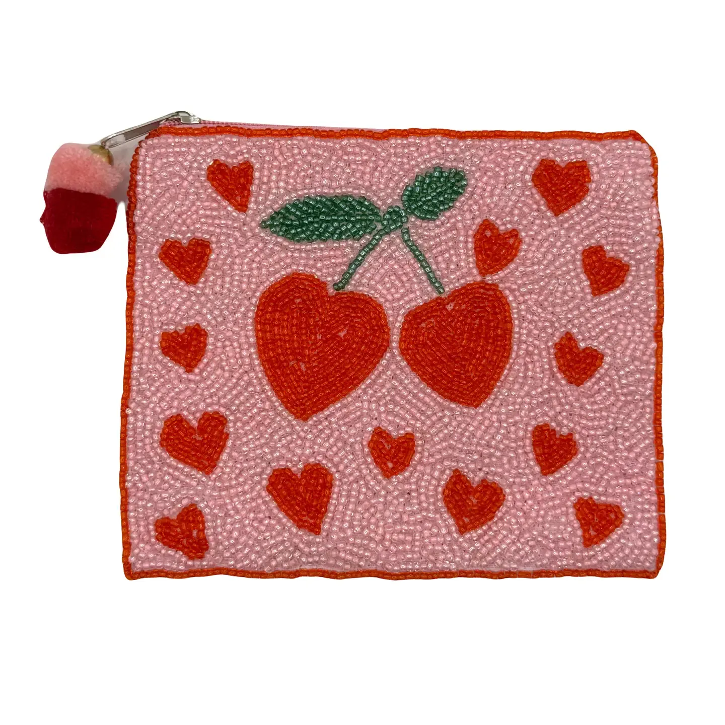Cherry Heart Beaded Coin Pouch