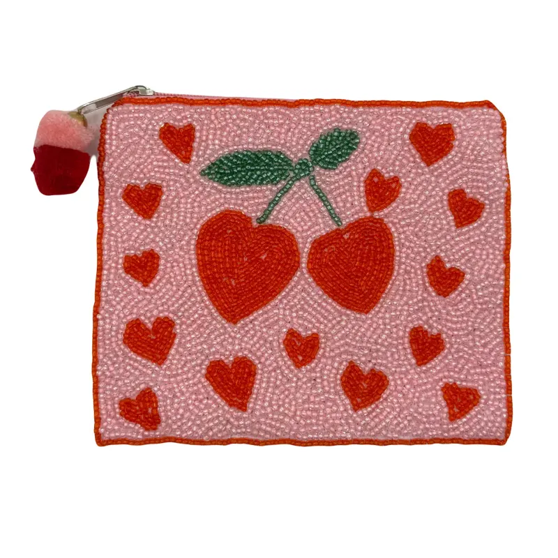 Cherry Heart Beaded Coin Pouch