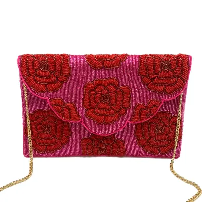 Fuchsia w/ Red Roses Beaded Clutch