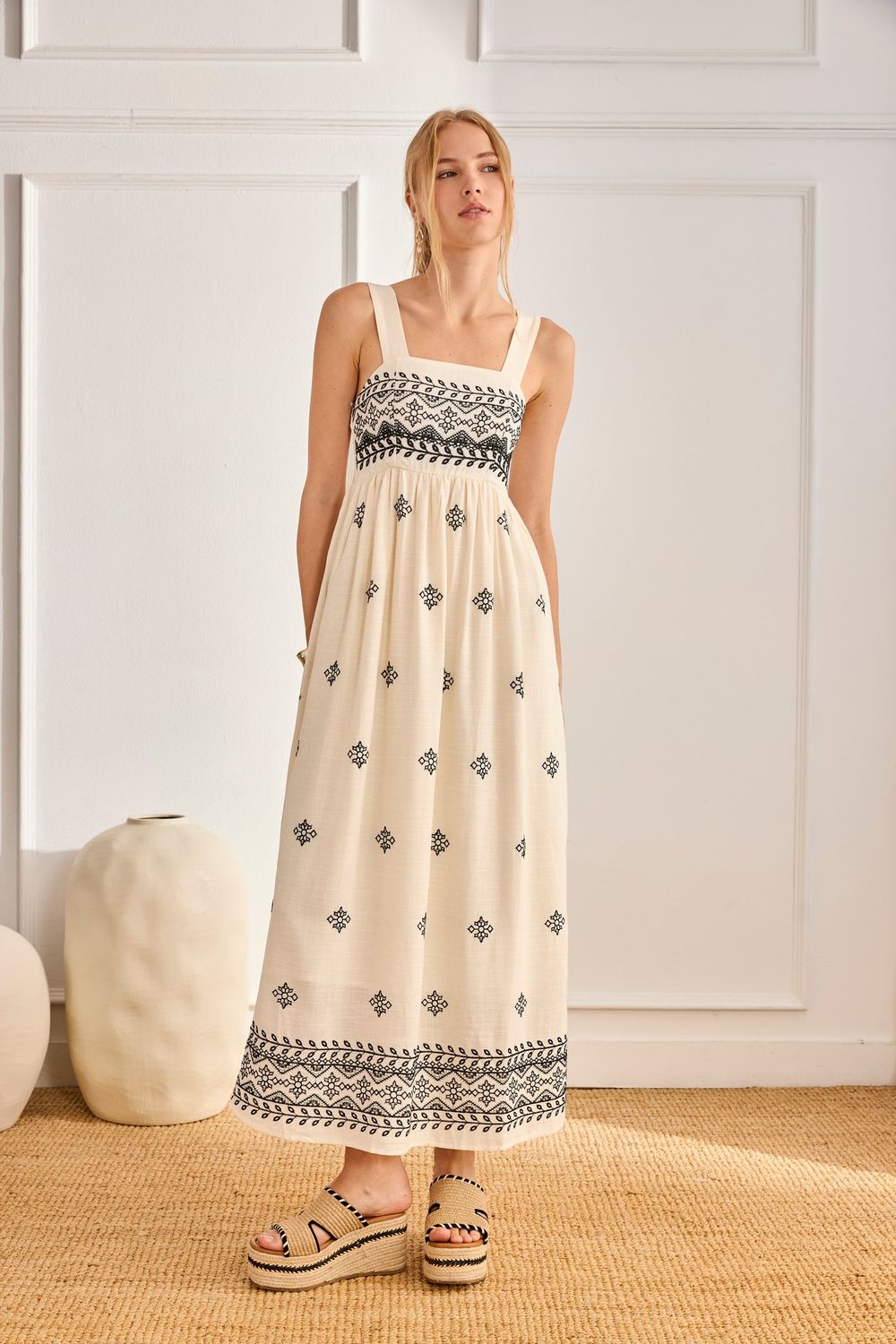 Linen Embroidered Square Neck Dress