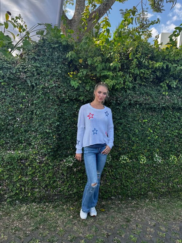 Star Embroidered Crew Cotton- Bleach Denim Multi