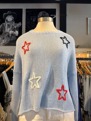 Star Embroidered Crew Cotton- Bleach Denim Multi