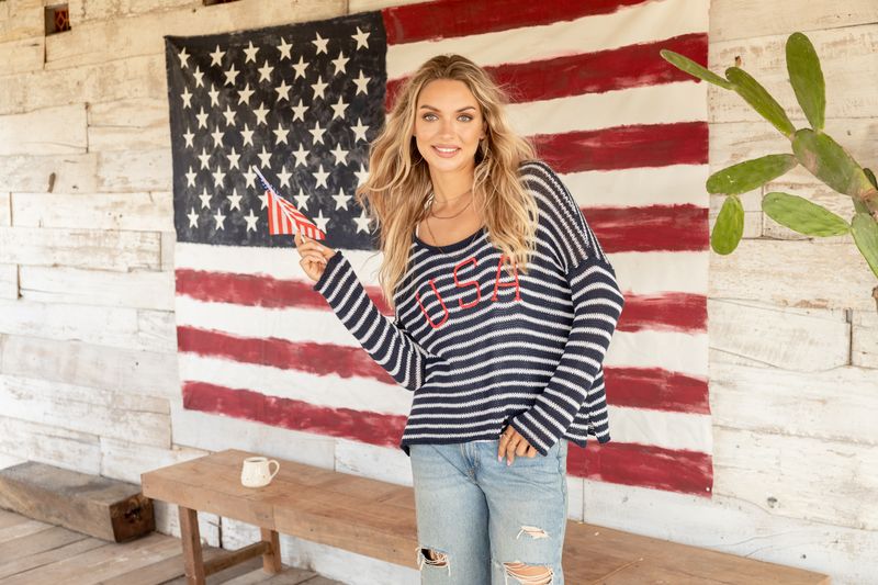 USA Striped Crew Cotton- Darkest Indigo/White/Red