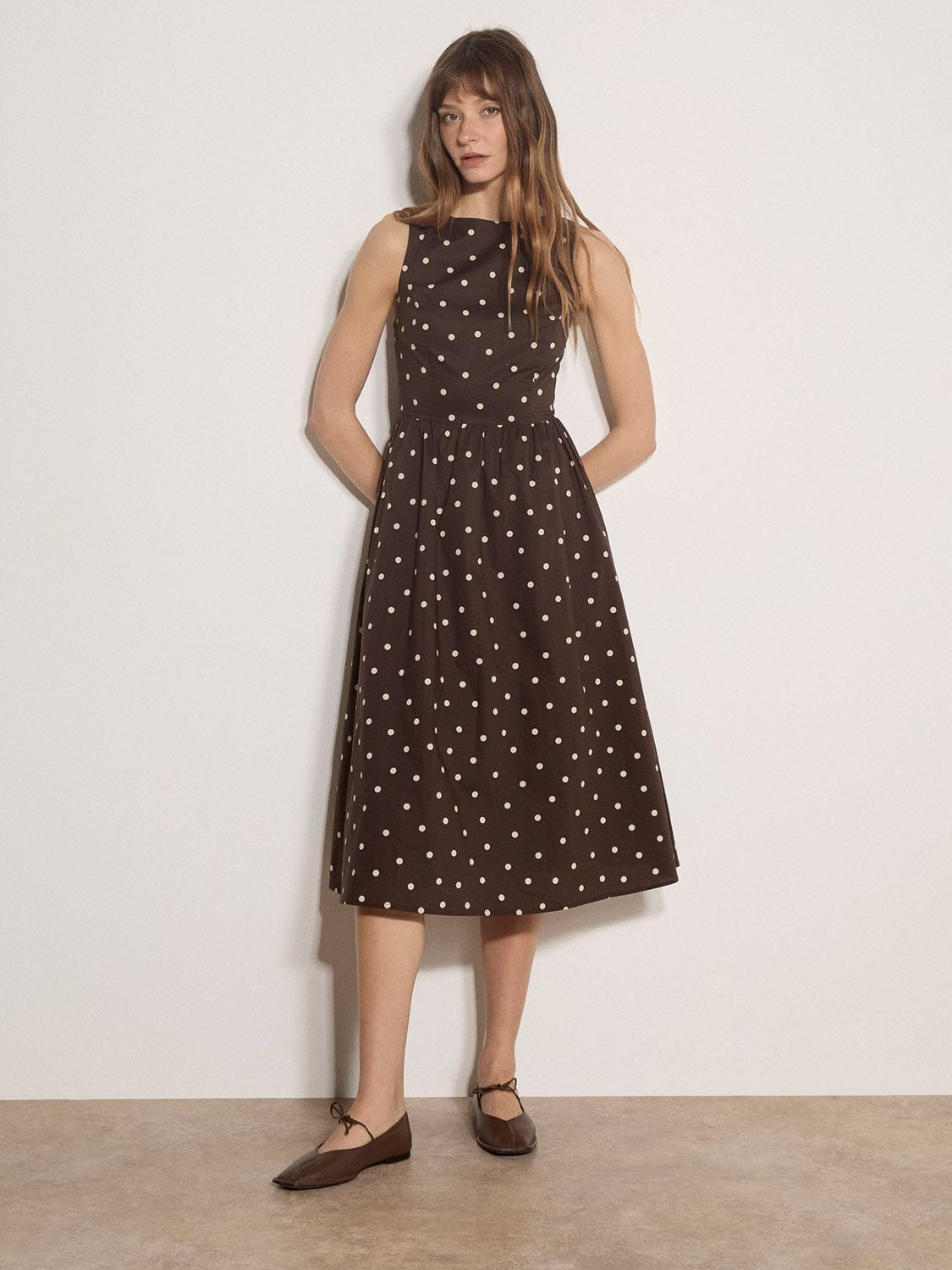 Polkadot Fit &amp; Flare Dress- Brown