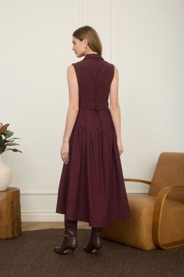 Detailed Button Denim Burgundy Midi Dress
