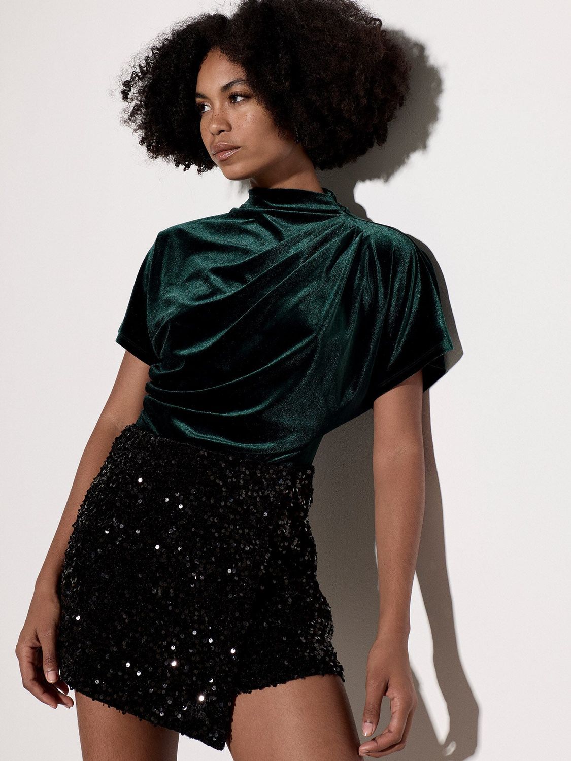 VELVET HIGH COWL NECK PLEATED TOP