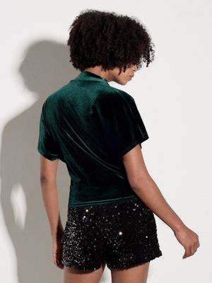 VELVET HIGH COWL NECK PLEATED TOP