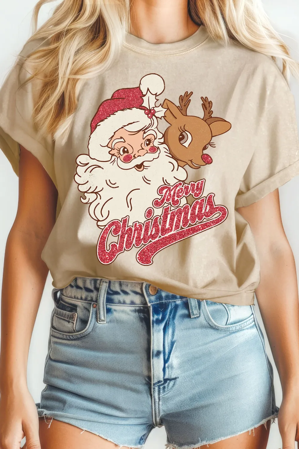 SANTA &amp; RUDOLPH GRAPHIC TEE- STONE