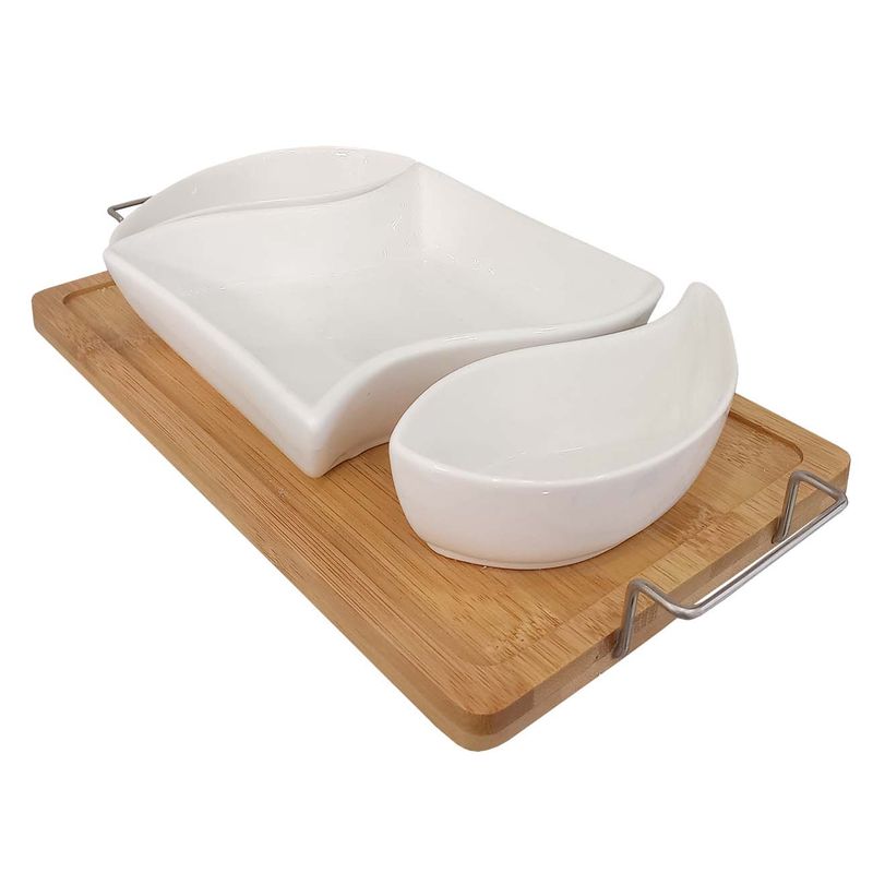 SET BANDEJA PARA PICADAS DE CERAMICA C/BASE NEGRO Y MANGO DE METAL C/3 DIVISORIAS 