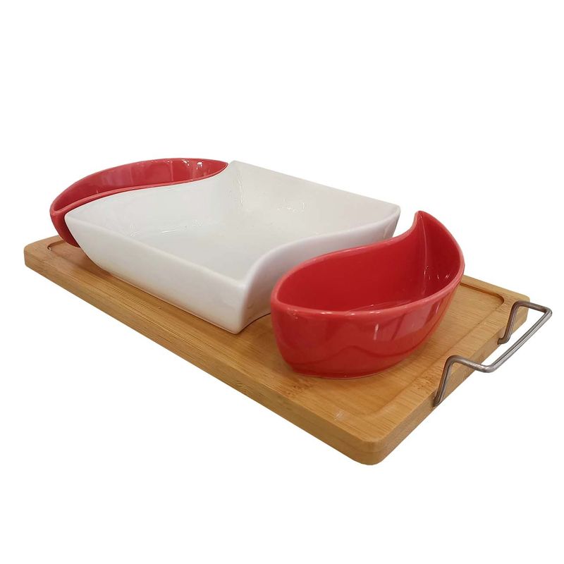 SET BANDEJA PARA PICADAS DE CERAMICA BLANCO/ROJO C/BASE NEGRO Y MANGO DE METAL C/3 DIVISORIAS 