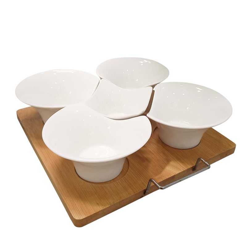 SET DE BANDEJA PARA PICADAS DE CERAMICA C/BASE DE BAMBU Y MANGO DE METAL C/5 DIVISORIAS 