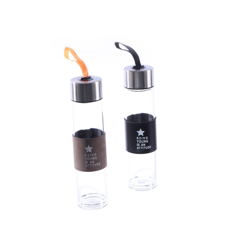 BOTELLA DE VIDRIO CON CUERINA 350ML 