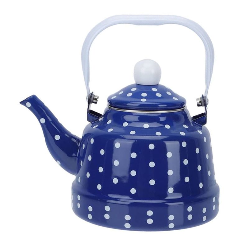 PAVA ESMALTADA VINTAGE ELEGANTE DE 1,7 LITROS COLOR AZUL MOTAS BLANCAS.