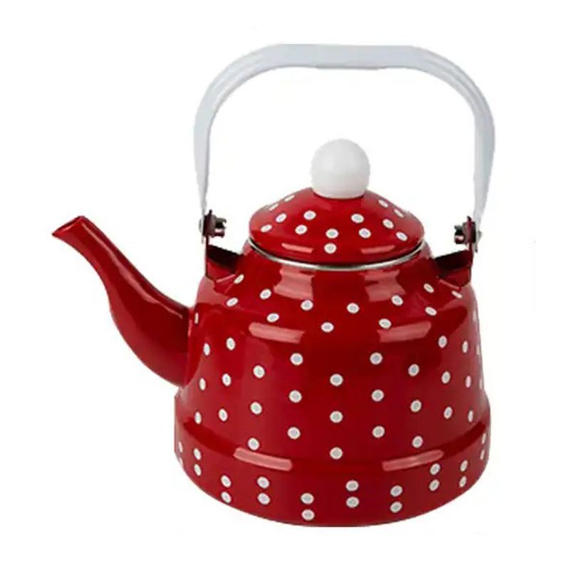 PAVA ESMALTADA VINTAGE ELEGANTE DE 1,7 LITROS COLOR ROJO MOTAS BLANCAS.