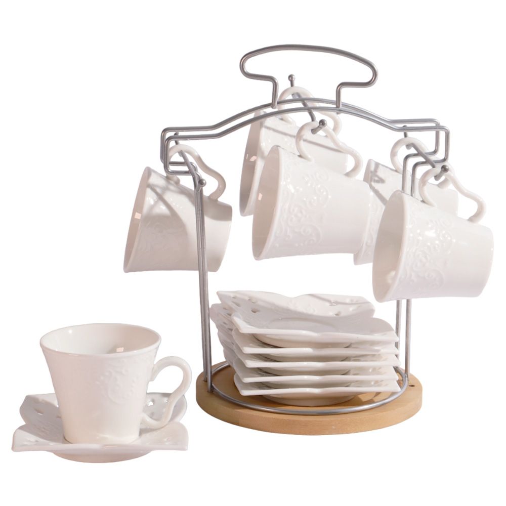 SET DE 6 TAZAS Y PLATILLOS CON SOPORTE PARA CAFÉ Y TE