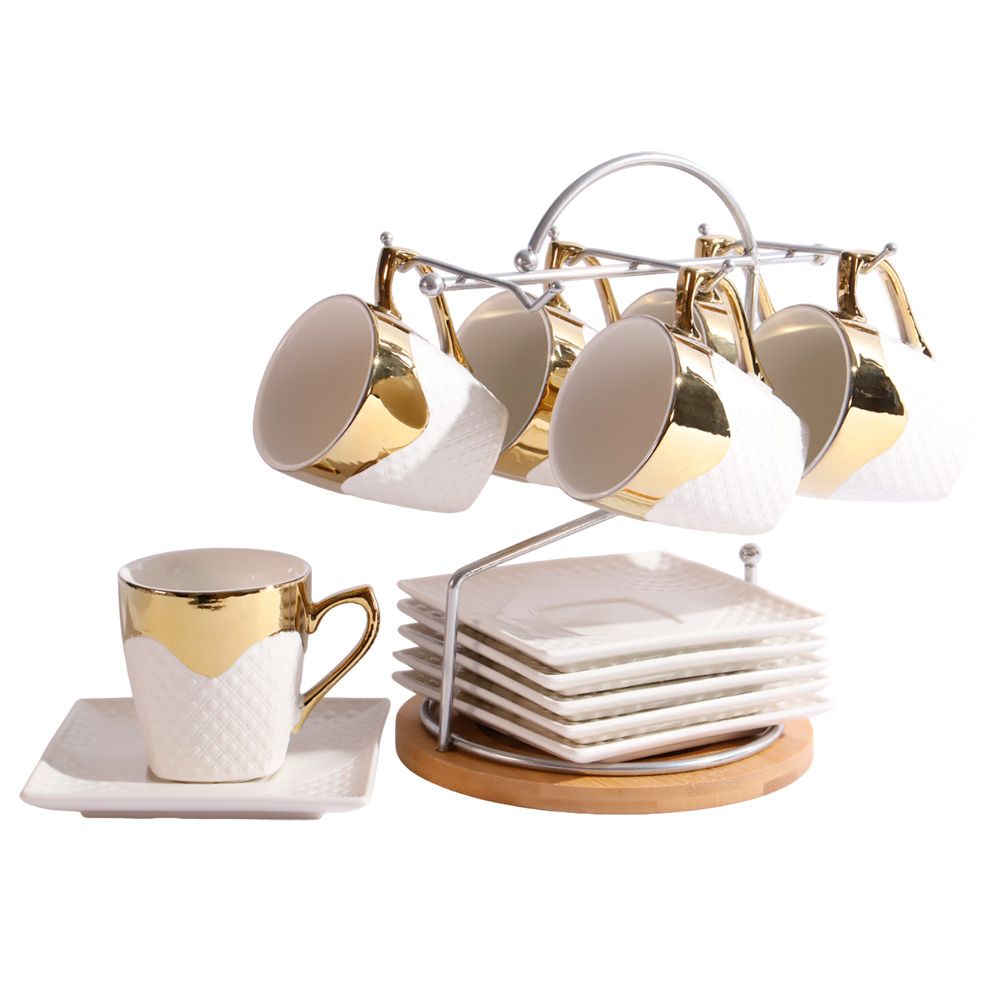 SET DE 6 TAZAS Y PLATILLOS CON SOPORTE PARA CAFÉ Y TE
