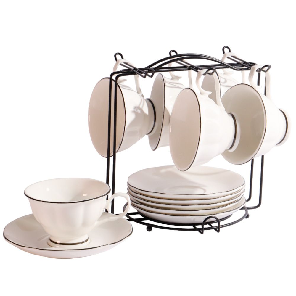 SET DE 6 TAZAS Y PLATILLOS CON SOPORTE PARA CAFÉ Y TE