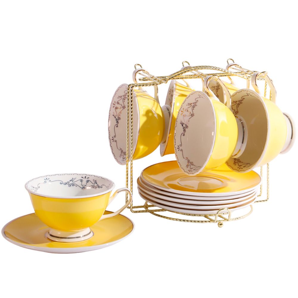 SET DE 6 TAZAS Y PLATILLOS CON  SOPORTE PARA CAFÉ Y TE