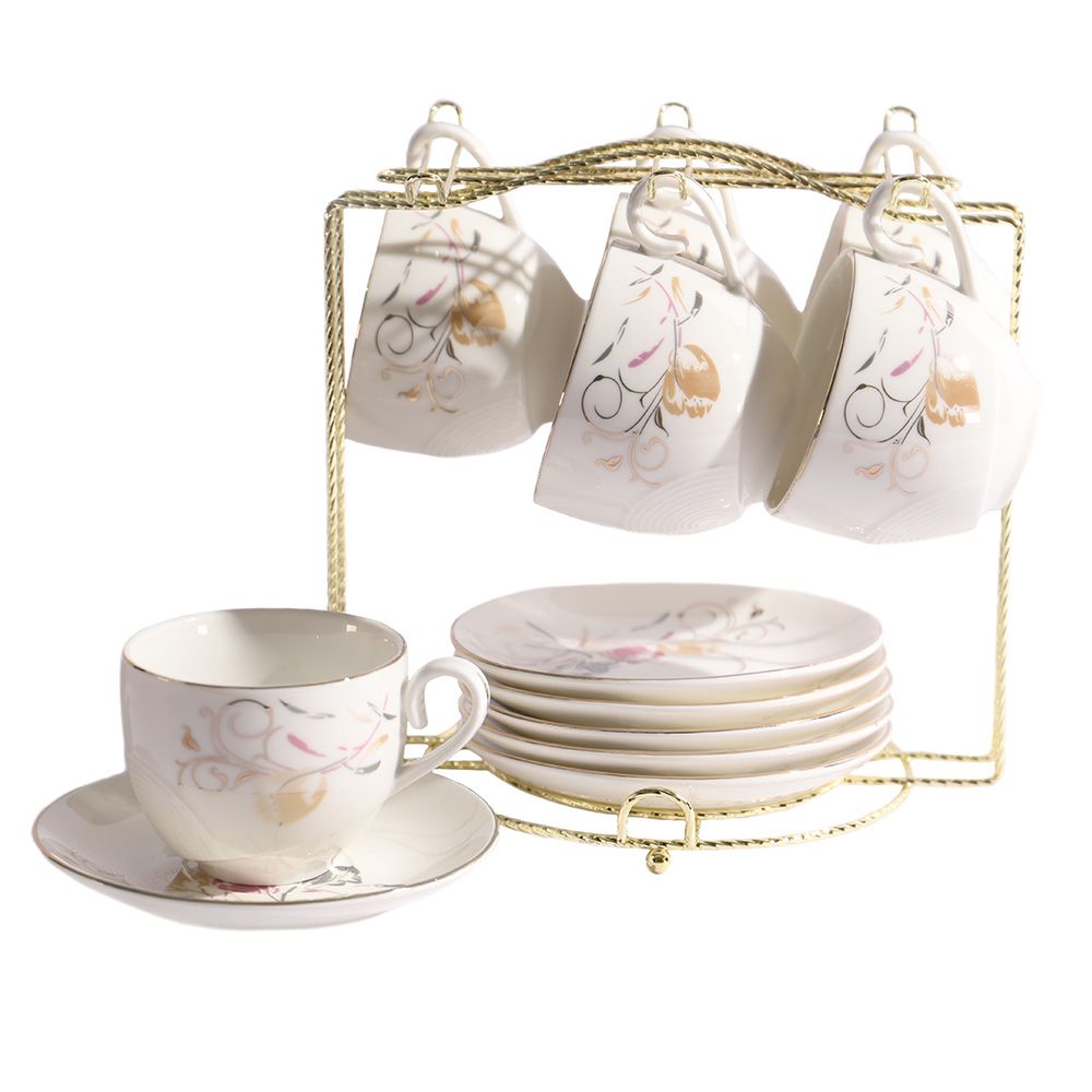 SET DE 6 TAZAS Y PLATILLOS CON SOPORTE PARA CAFÉ Y TE