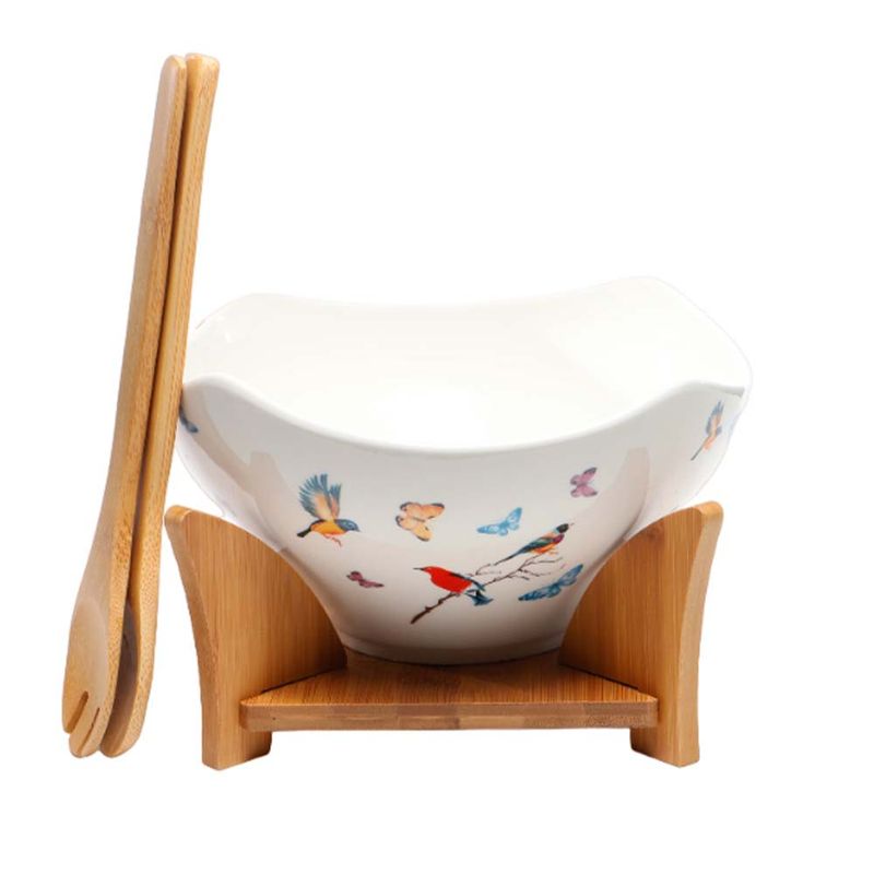 ENSALADERA DE PORCELANA C/BASE DE MADERA   23X23X12CM