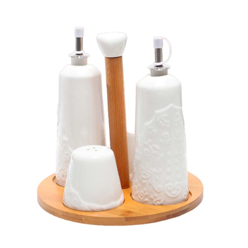 CONDIMENTERO DE CERAMICA 4 PIEZAS + SOPORTE DE BAMBU