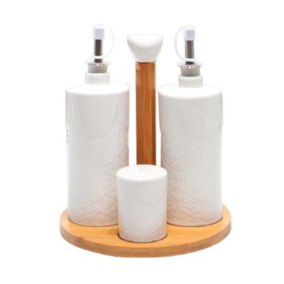CONDIMENTERO DE CERAMICA COM BASE DE BAMBU 4 PZS 