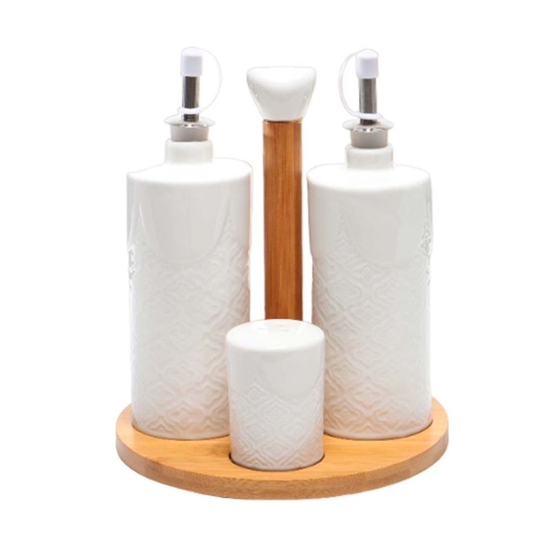 CONDIMENTERO DE CERAMICA COM BASE DE BAMBU 4 PZS 