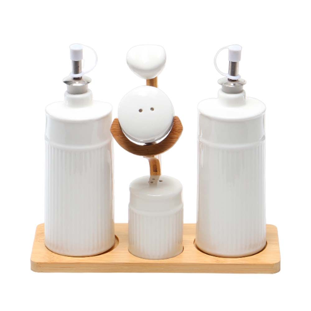 CONDIMENTERO DE CERAMICA 4 PIEZAS + SOPORTE DE BAMBU