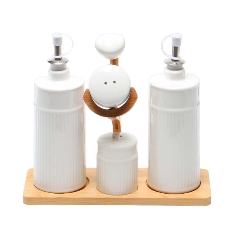 CONDIMENTERO DE CERAMICA 4 PIEZAS + SOPORTE DE BAMBU