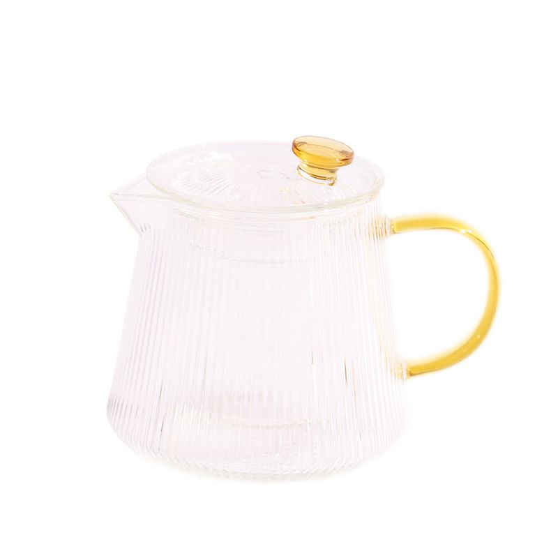 TETERA DE VIDRIO ALTO RELIEVE LINEAS C/FILTRO Y TAPA, MANIJA DORADO 450ML  