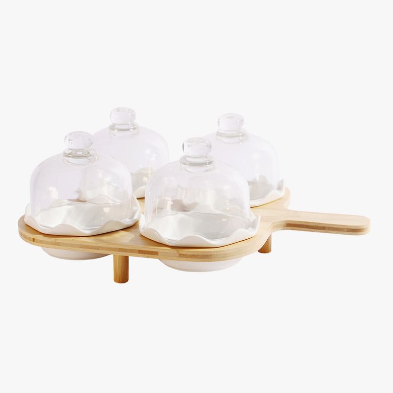 PATISQUERO DE CERAMICA BLANCO C/TAPA DE VIDRIO Y SOPORTE DE BAMBU 34CMX25CM 