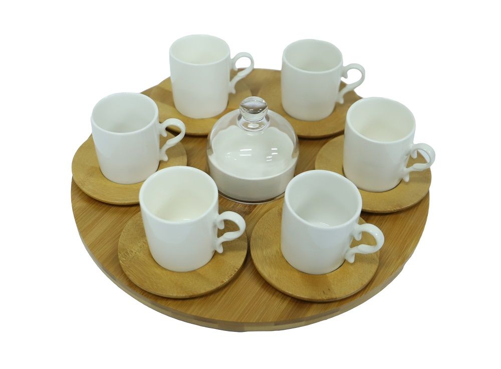 JUEGO DE TAZAS  Y AZUCARERO CON BASE Y PLATILLITOS BAMBU 6PZS