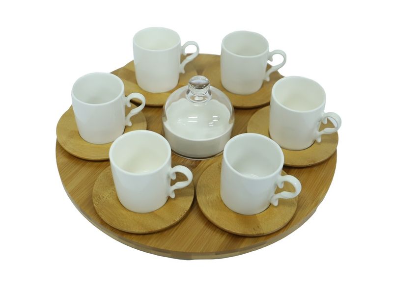 JUEGO DE TAZAS  Y AZUCARERO CON BASE Y PLATILLITOS BAMBU 6PZS