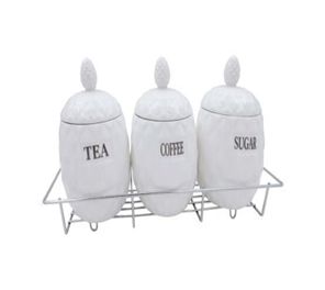 JUEGO DE FRASCOS DE CERAMICA BLANCO CON BASE DE METAL 3PZS 