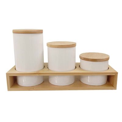 JUEGO DE FRASCOS CERAMICA BLANCO C/TAPAS Y BASE DE BAMBU 3PZS 