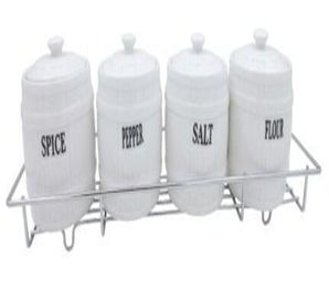 JUEGO DE PORTA CONDIMENTOS DE CERAMICA BLANCO C/BASE DE METAL 4PZS 300ML 