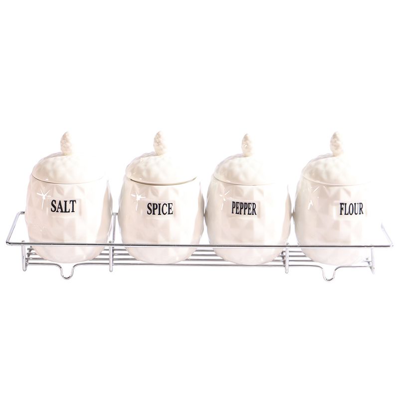 JUEGO DE PORTA CONDIMENTOS DE CERAMICA BLANCO C/BASE DE METAL 4PZS 300ML  