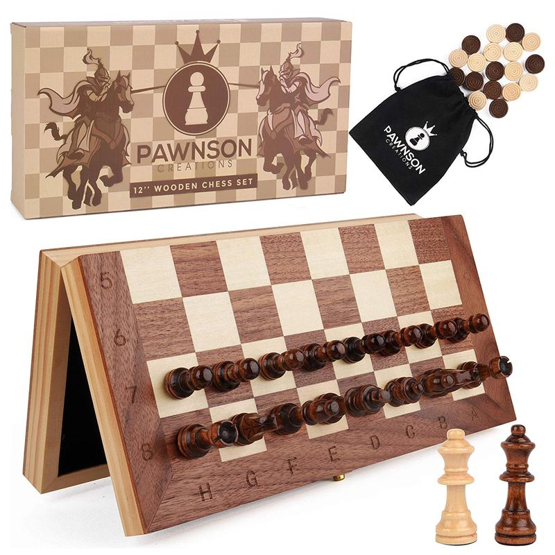 JUEGO DE AJEDREZ Y DAMA MAGNETICO  DE MADERA PLEGABLE 30CM
