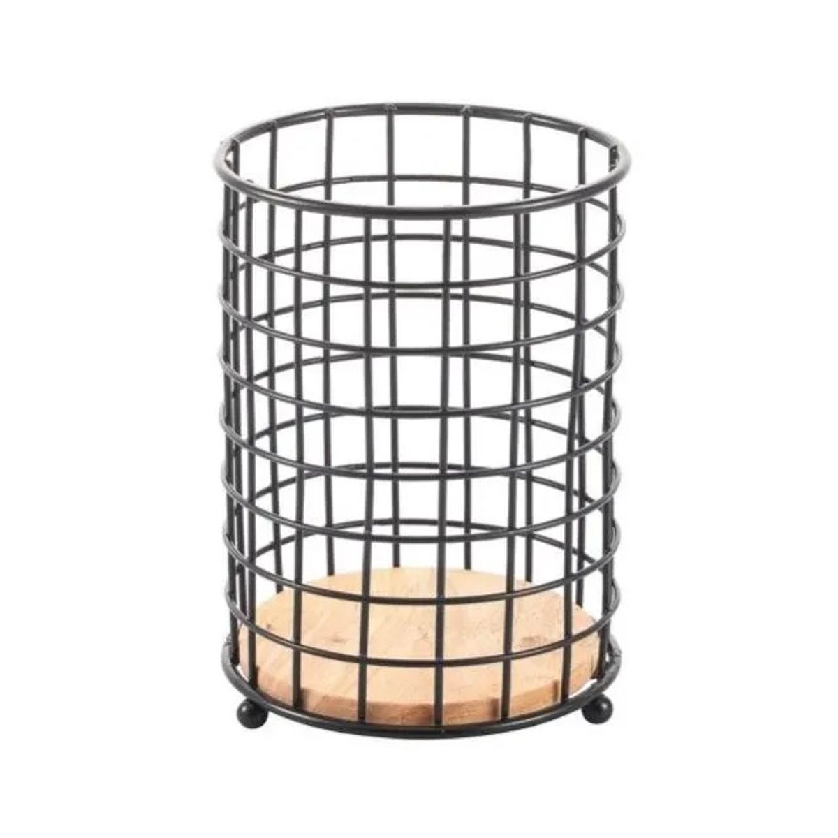 PORTA CUBIERTOS NEGRO CON MADERA 17CM DIAMETRO 12CM ALTURA