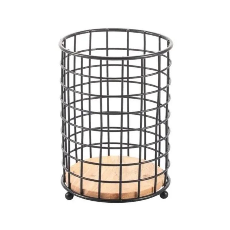 PORTA CUBIERTOS NEGRO CON MADERA 17CM DIAMETRO 12CM ALTURA
