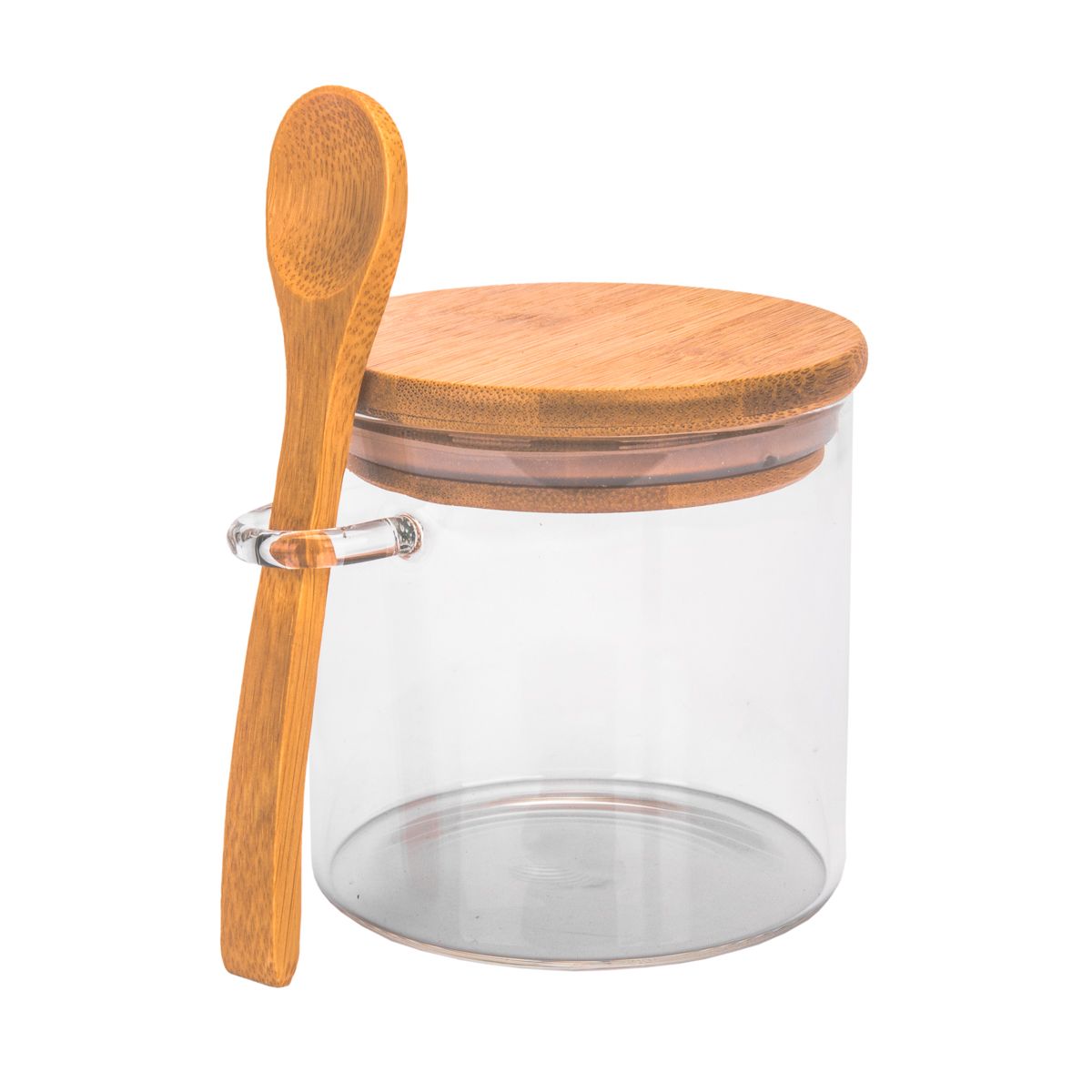 POTE DE VIDRIO TAPA DE BAMBU 8,5X8CM
