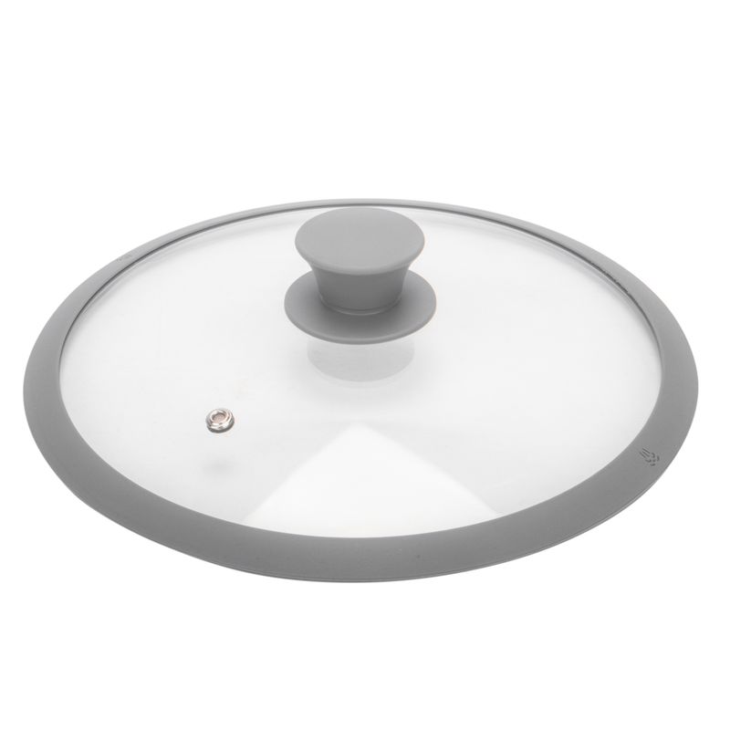 TAPA DE VIDRIO CON BORDE DE SILICONA Y SALIDA DE VAPOR, PARA CAZEROLAS ,OLLAS Y  SARTÉNES 26CM GRIS