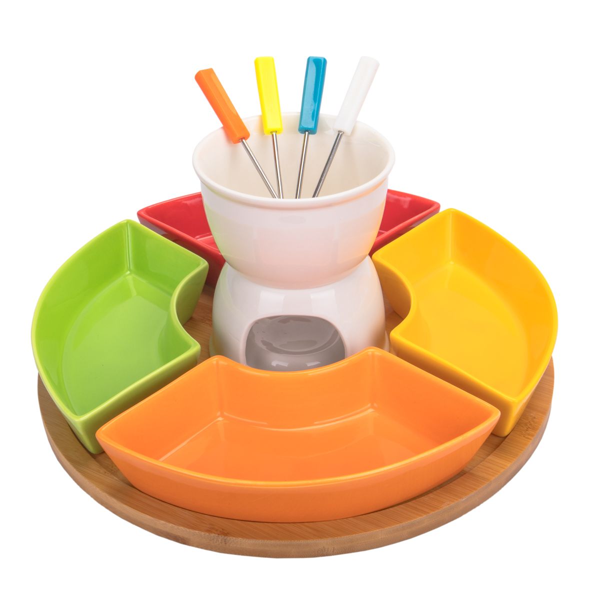 FONDUE DE PORCELANA SET CON 12 PZ BASE DE BAMBU DE 30 CM 