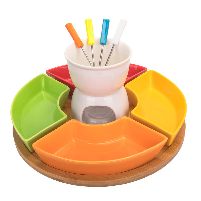 FONDUE DE PORCELANA SET CON 12 PZ BASE DE BAMBU DE 30 CM 
