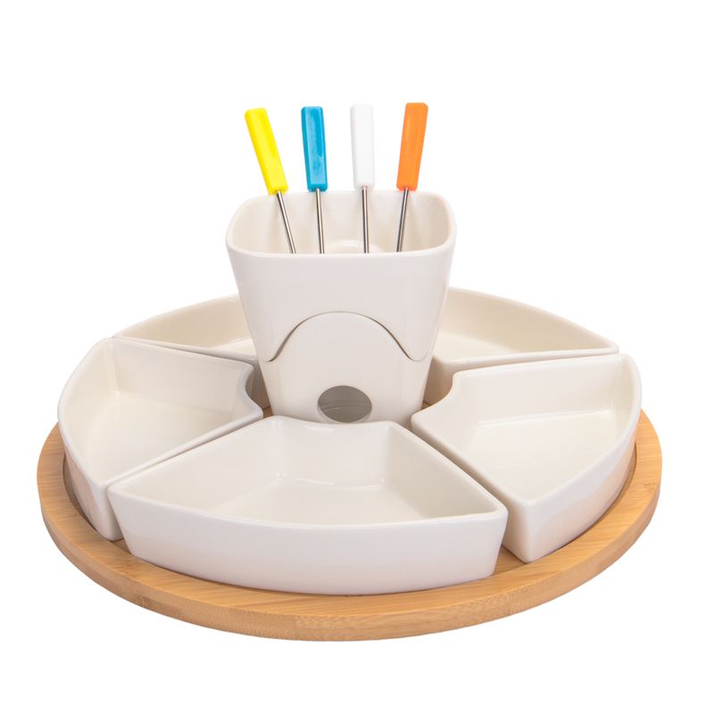 FOUNDE  DE PORCELANA SRT CON 12 PIEZAS BASE DE BAMBU 30CM