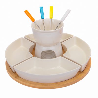FOUNDE  DE PORCELANA SET CON 12PZ CON BASE DE BAMBU DE 30CM