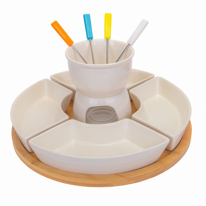 FOUNDE  DE PORCELANA SET CON 12PZ CON BASE DE BAMBU DE 30CM