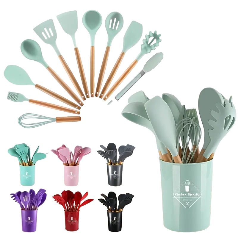 JUEGO DE UTENSILIOS DE SILICONA CON MANGO DE MADERA 12 PZAS